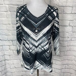 French blue women M v-cut multicolor 3/4 sleeve blouse w/decorative studs